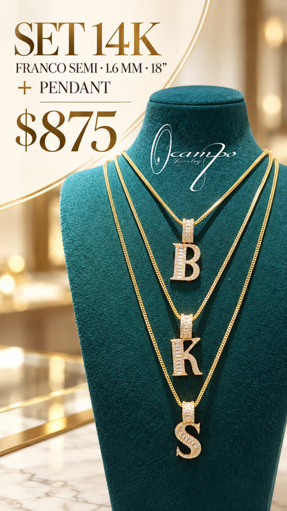 Set 14k Franco S.mi 1.6mm 18" + Pendant Letra Baguette Cz