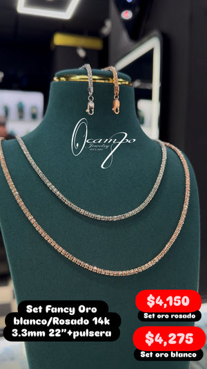 Sets Fancy Oro Blanco/Rosado 14k 3.3mm+Pulsera 14k