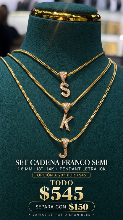 Set Franco S.mi 1.6mm 18" 14k + Pendant Letra 10k Cz